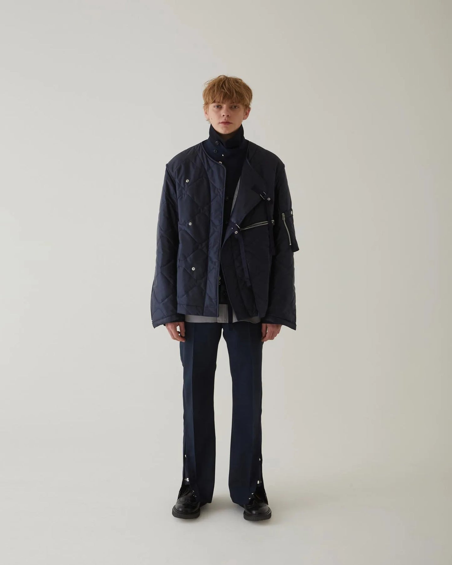 GLEN CHECK FLARED SLACKS NAVY
