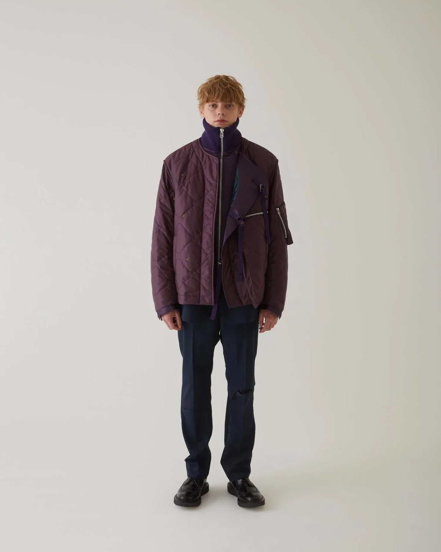LEATHER SATIN QUILTING JERKIN BLOUSON PURPLE