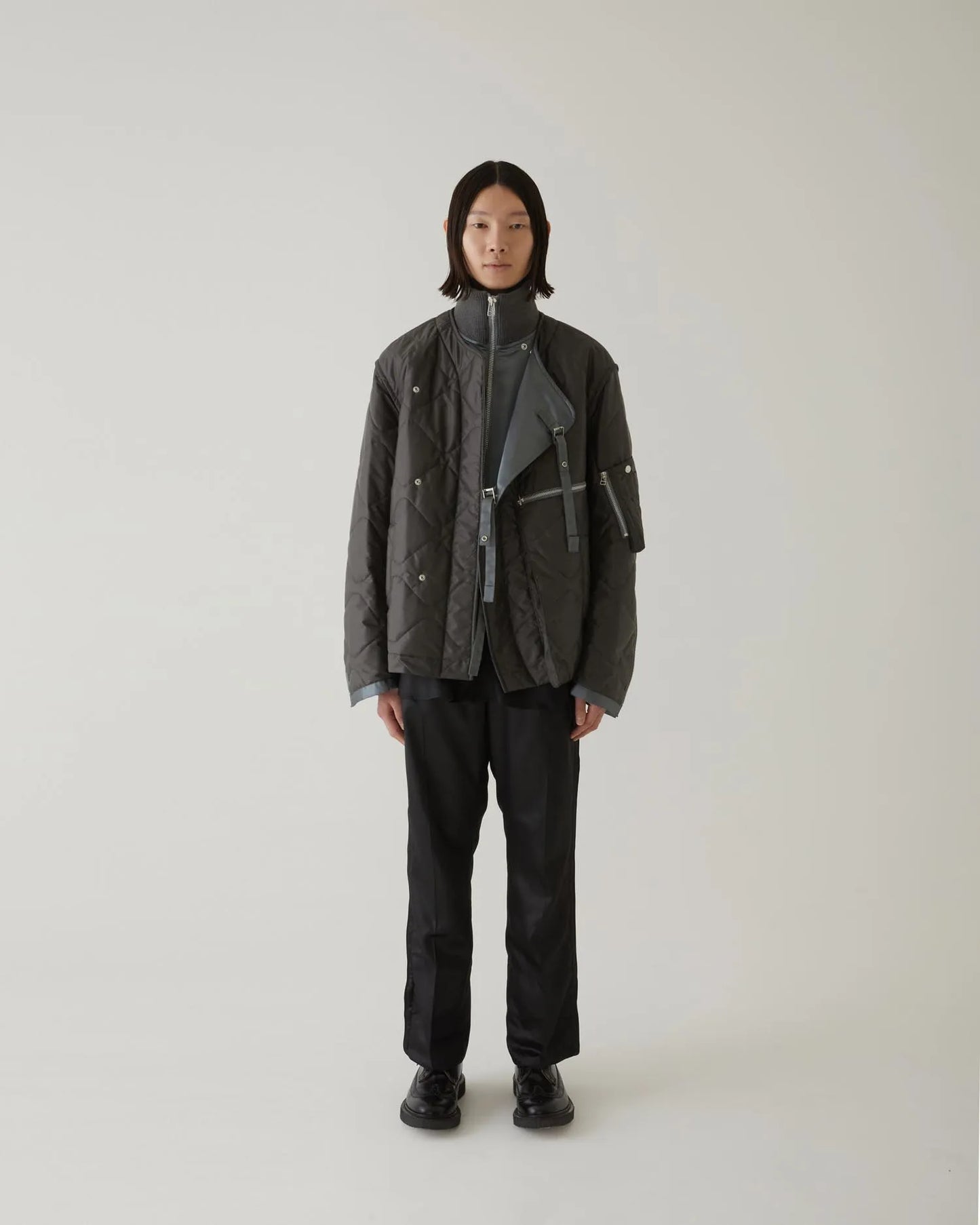 LEATHER SATIN QUILTING JERKIN BLOUSON GREY