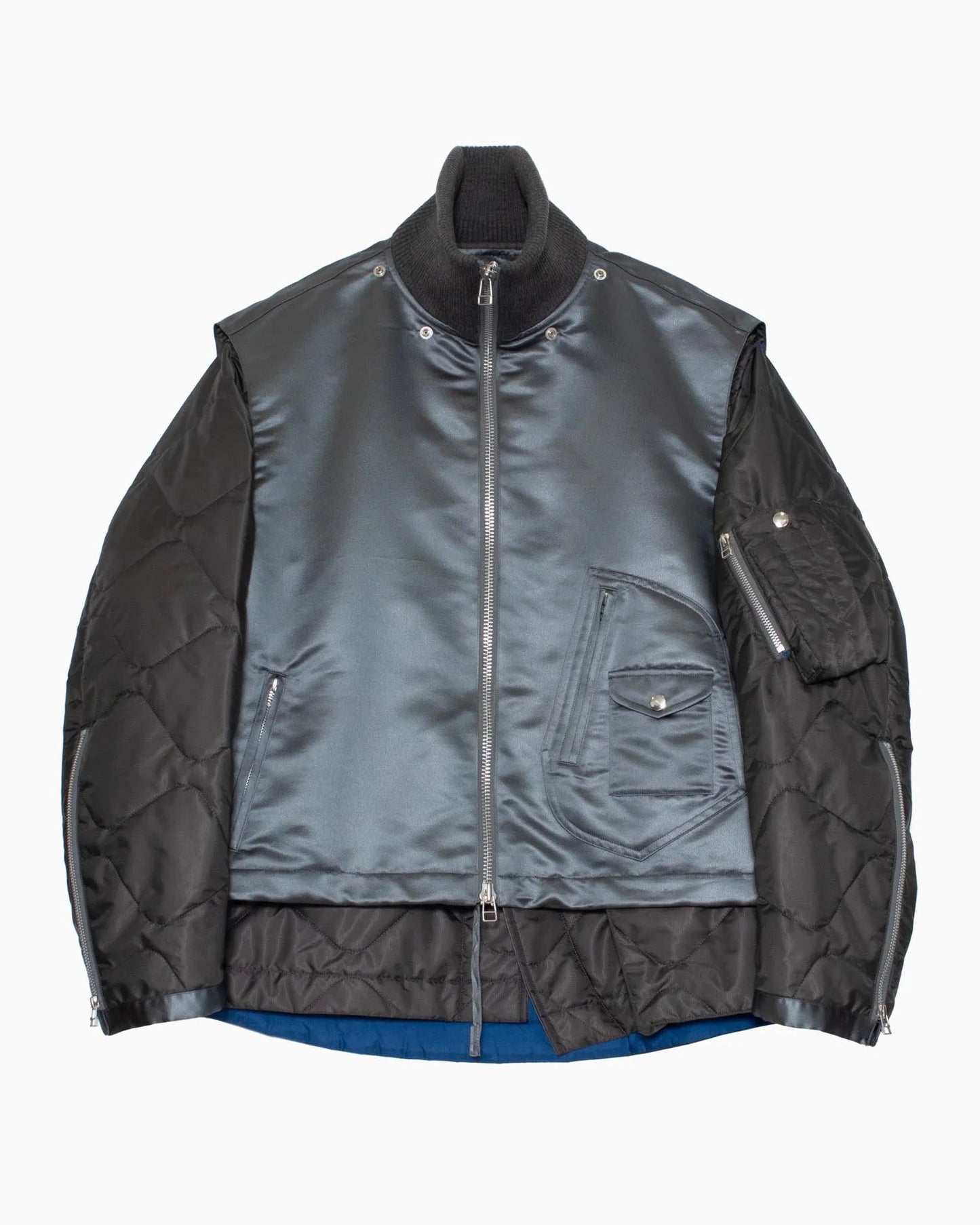 LEATHER SATIN QUILTING JERKIN BLOUSON GREY