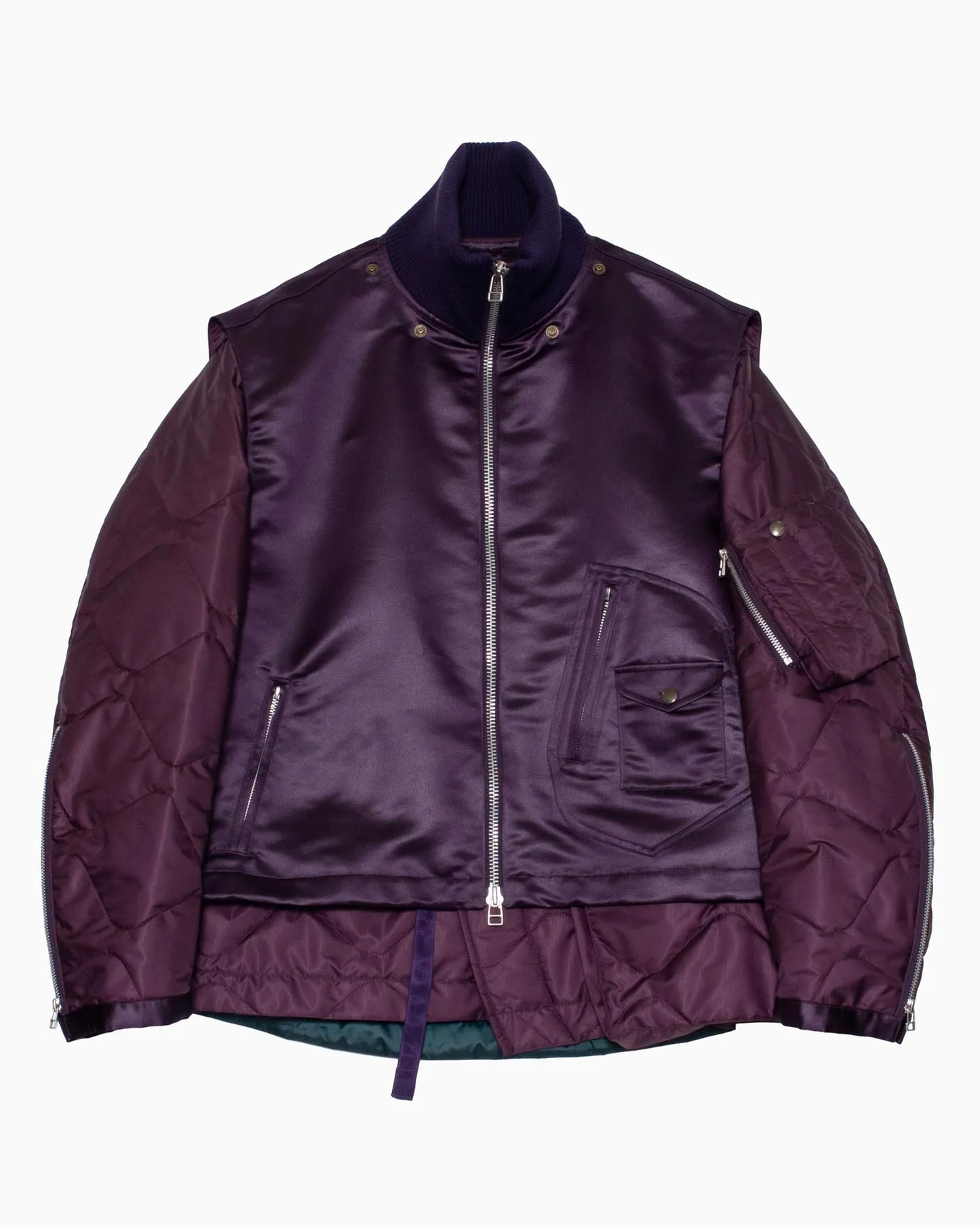 LEATHER SATIN QUILTING JERKIN BLOUSON PURPLE
