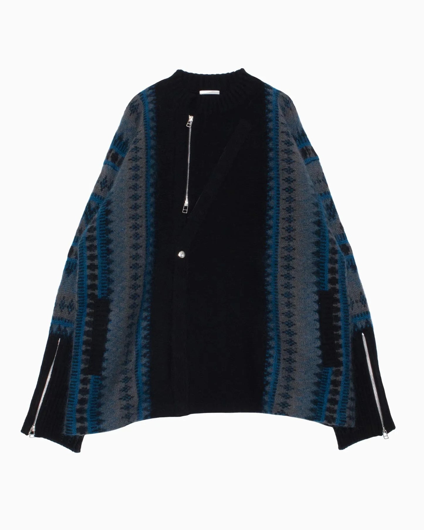 FAIR ISLE FRONT SLIT KNIT BLACK × BLUE