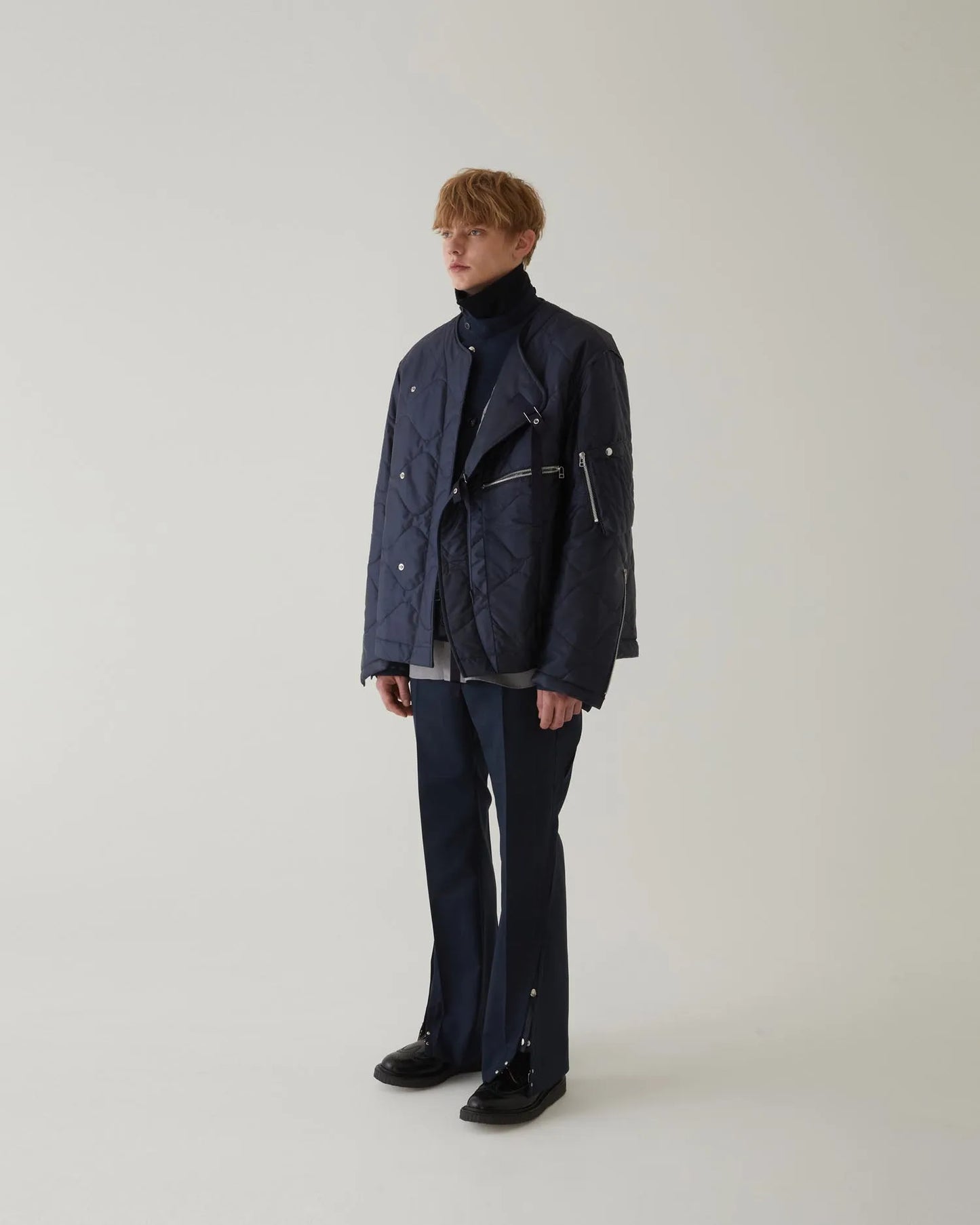 GLEN CHECK FLARED SLACKS NAVY