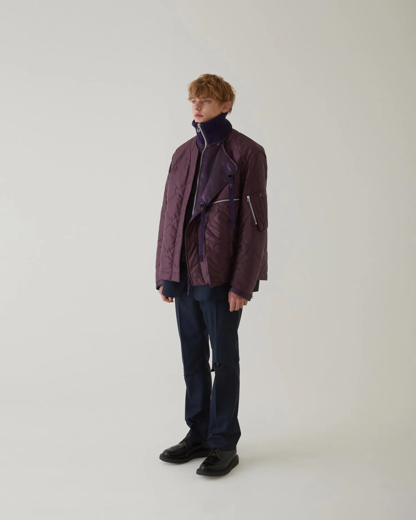 LEATHER SATIN QUILTING JERKIN BLOUSON PURPLE
