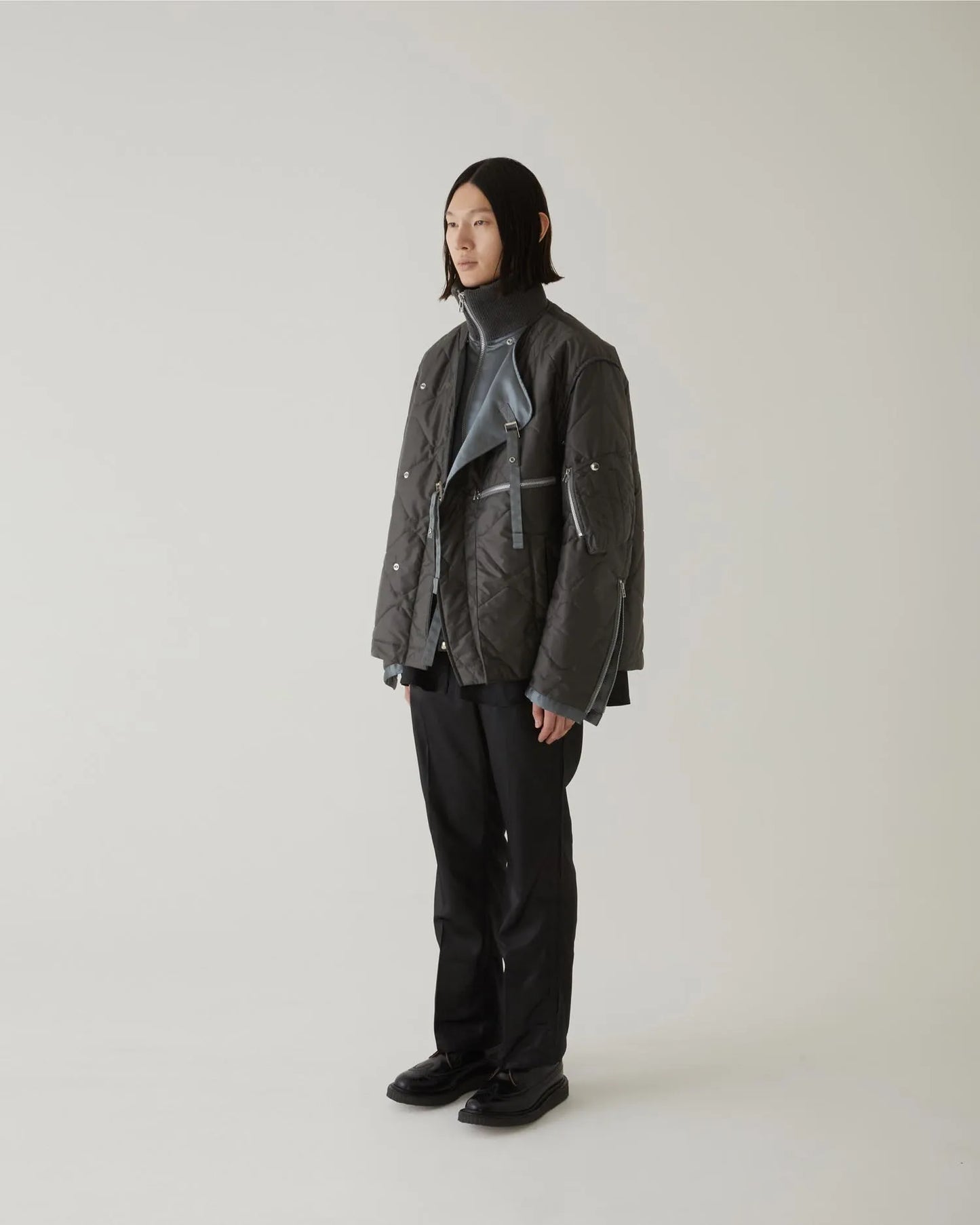 LEATHER SATIN QUILTING JERKIN BLOUSON GREY