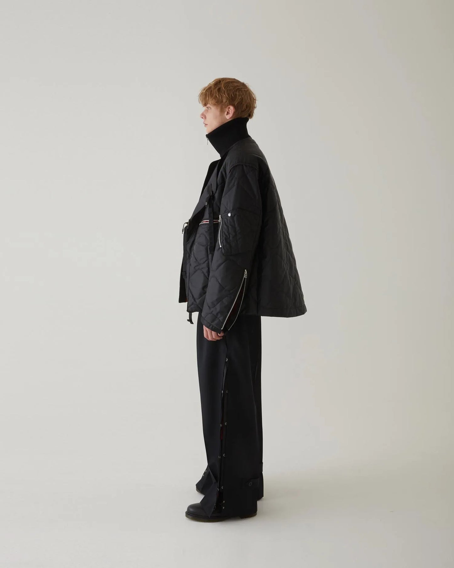 LEATHER SATIN QUILTING JERKIN BLOUSON BLACK