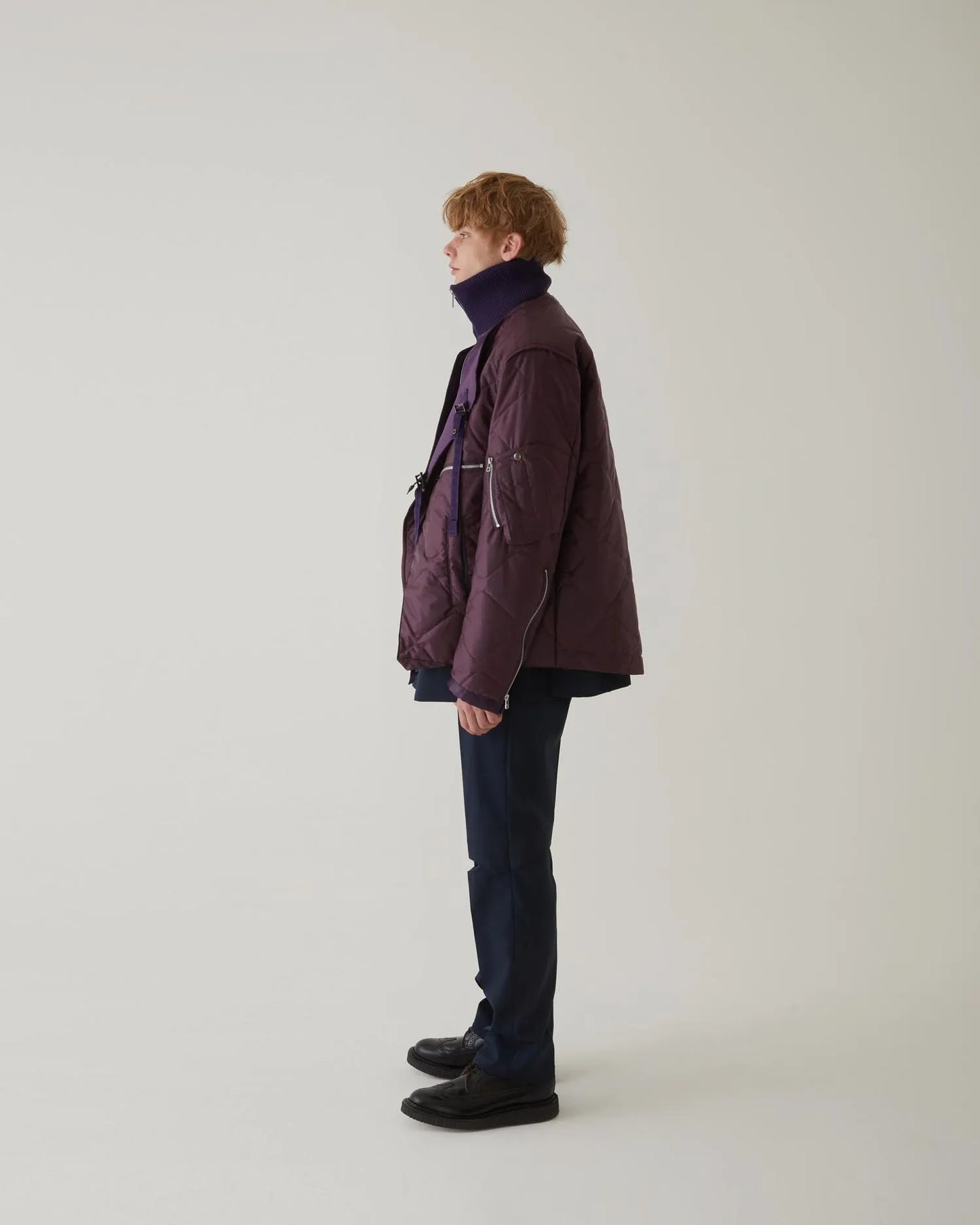 LEATHER SATIN QUILTING JERKIN BLOUSON PURPLE