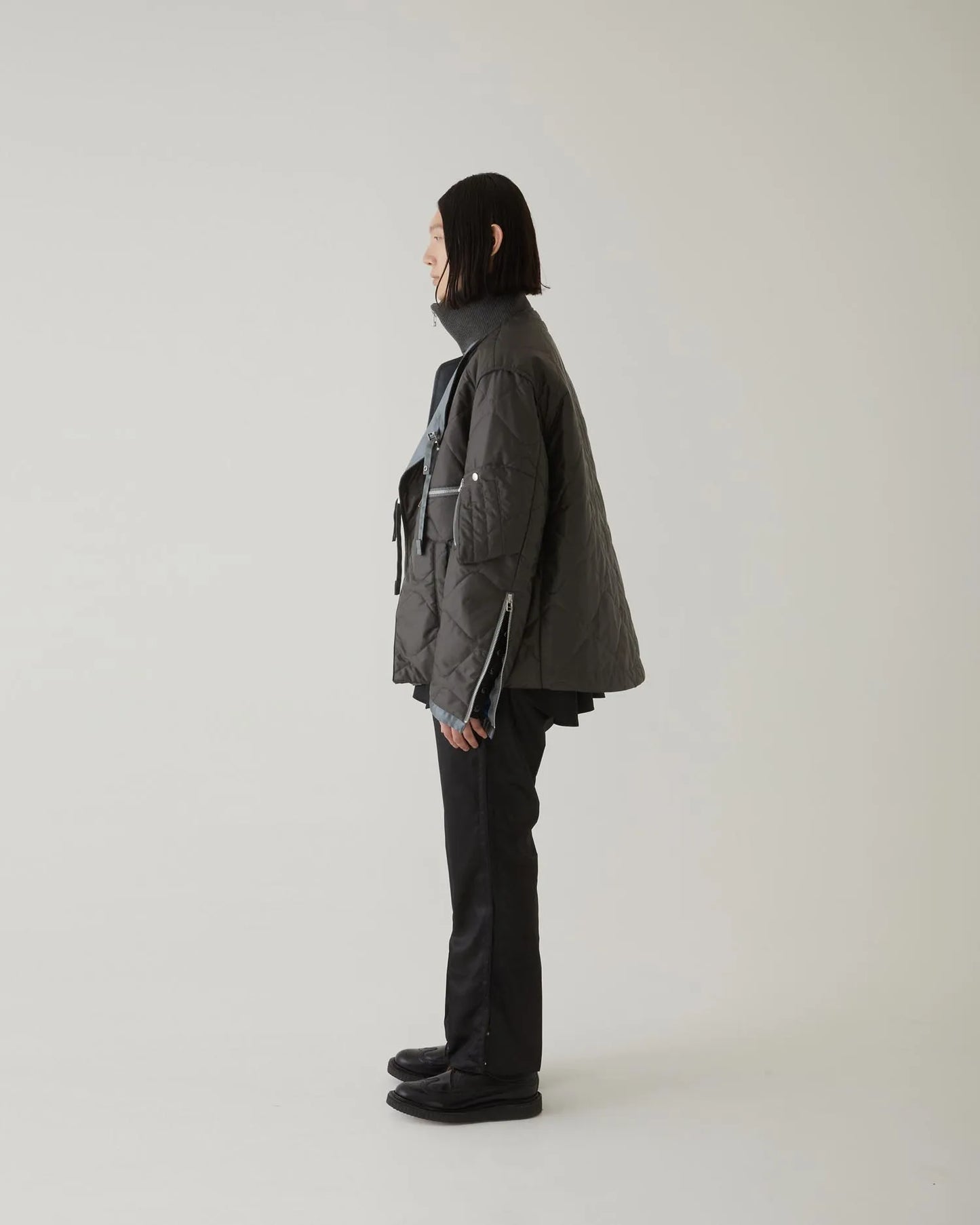 LEATHER SATIN QUILTING JERKIN BLOUSON GREY