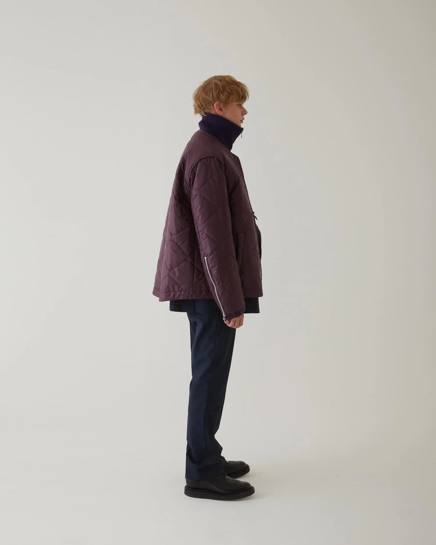 LEATHER SATIN QUILTING JERKIN BLOUSON PURPLE