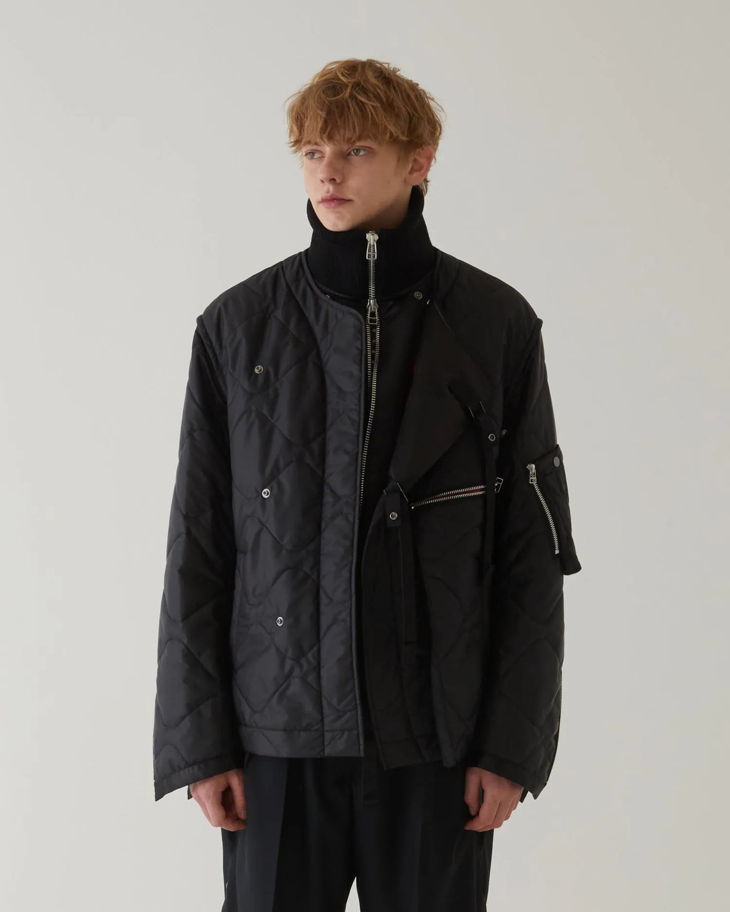 LEATHER SATIN QUILTING JERKIN BLOUSON BLACK