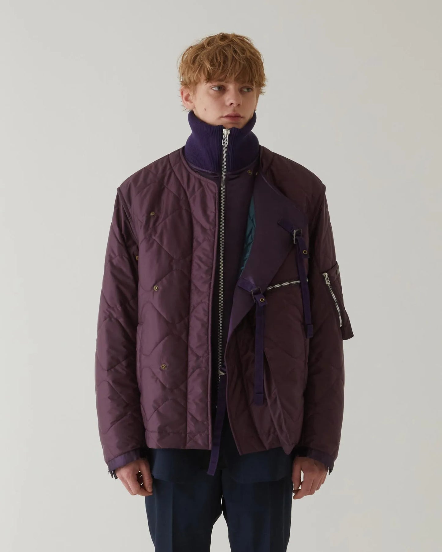 LEATHER SATIN QUILTING JERKIN BLOUSON PURPLE