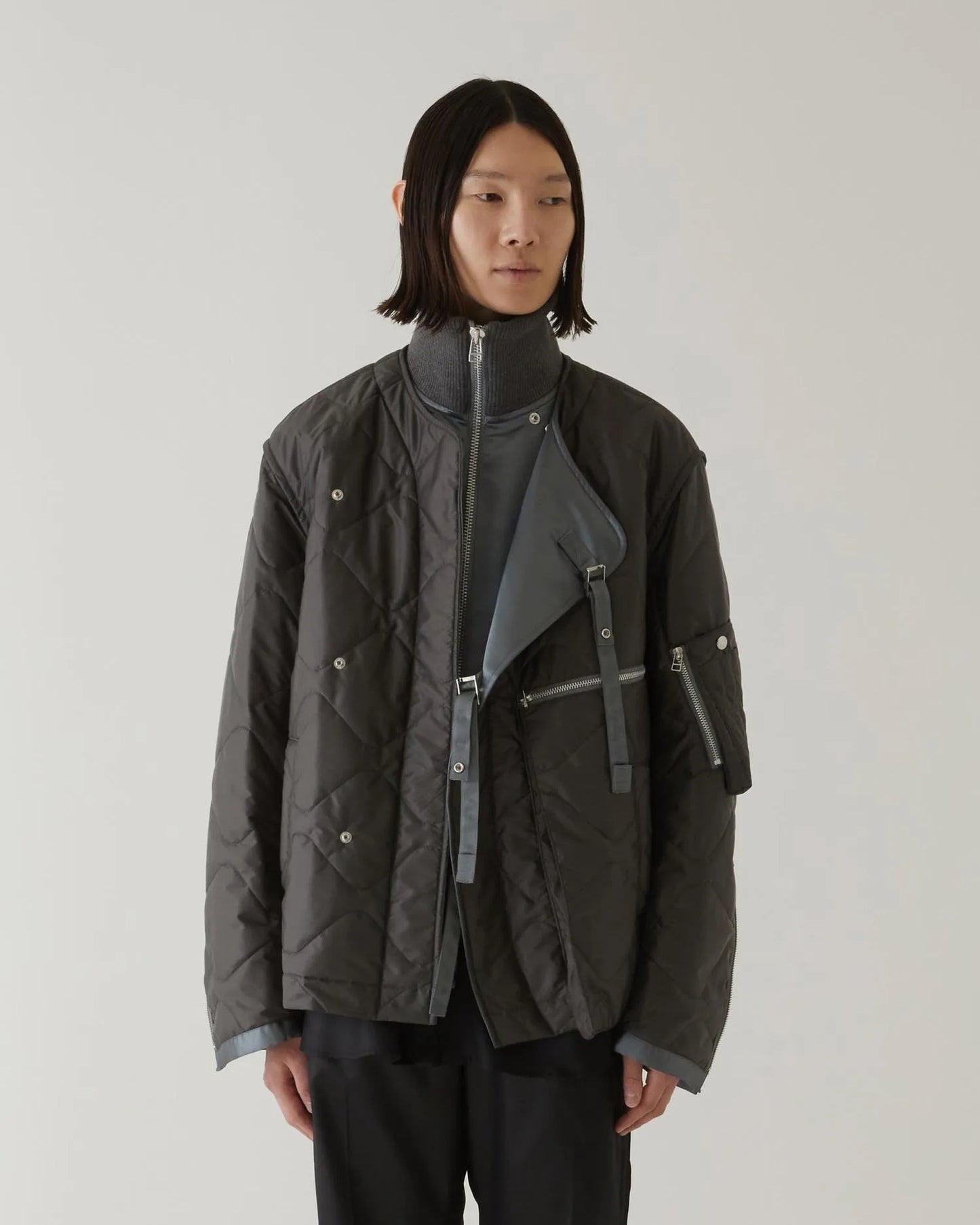 LEATHER SATIN QUILTING JERKIN BLOUSON GREY
